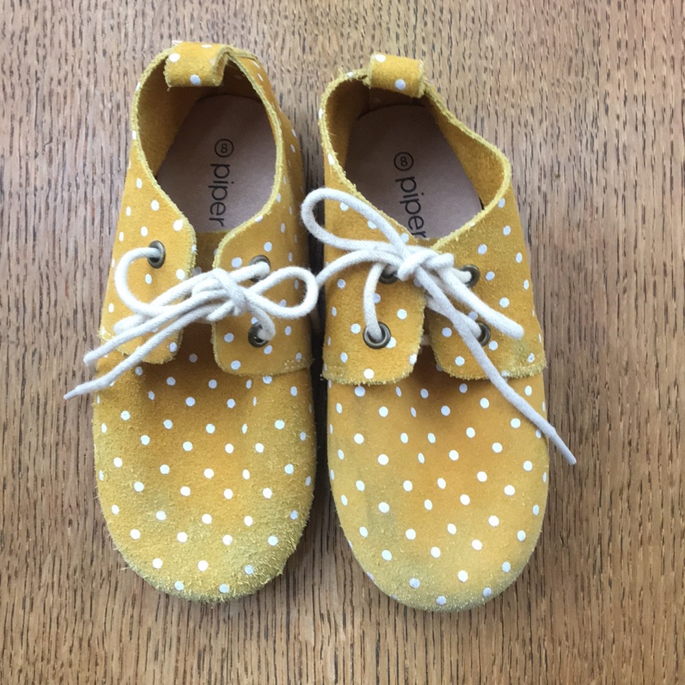 Piper Finn poka dot mustard shoes